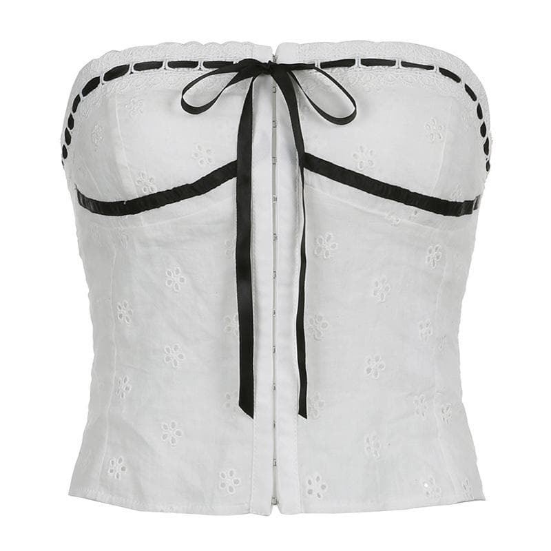 Textured Contrast Stitch Backless Tube Top - Y2K Aesthetic Cute Crop Top for Grunge & Coquette Styles