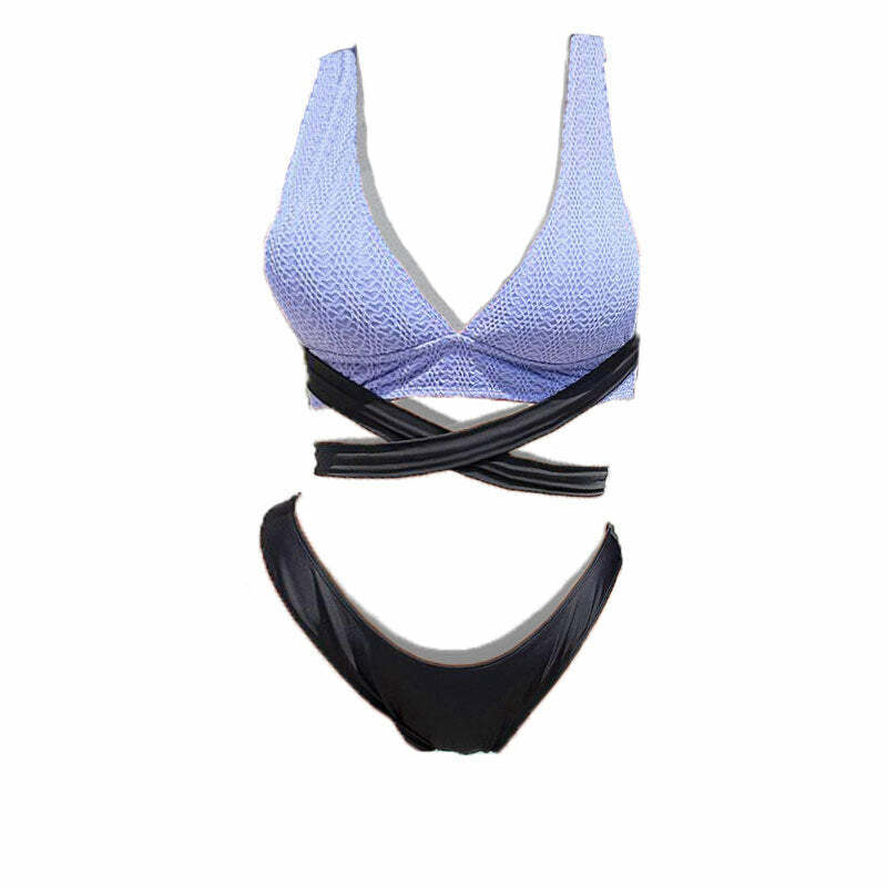 Textured Contrast V-Neck Bikini Swimwear with Cross Front Self Tie - Y2K & Coquette Aesthetic