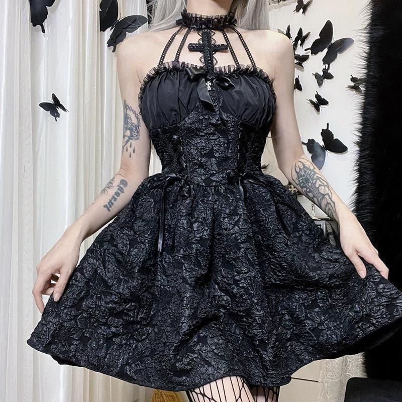 Textured Cross Applique Ruffle Halter Zip-Up Mini Dress | Y2K Gothic Aesthetic Fashion