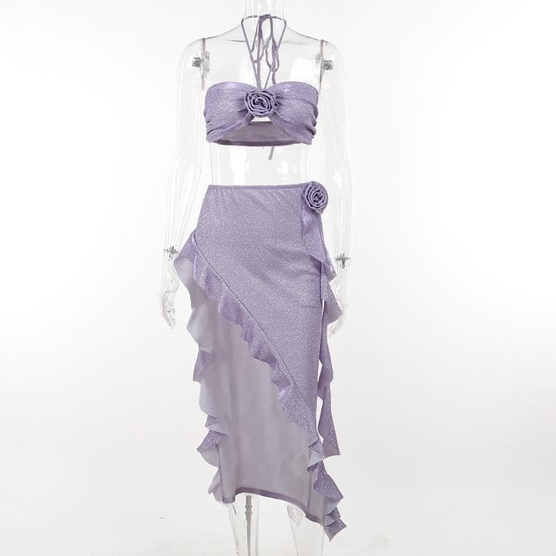 Textured Flower Applique Ruffle Halter Midi Skirt Set - Y2K Coquette Aesthetic Outfit