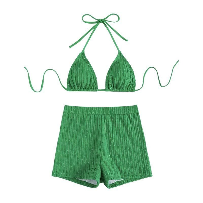Textured Halter Backless Bikini Set - Y2K Aesthetic Swimwear for Coquette & Grunge Styles