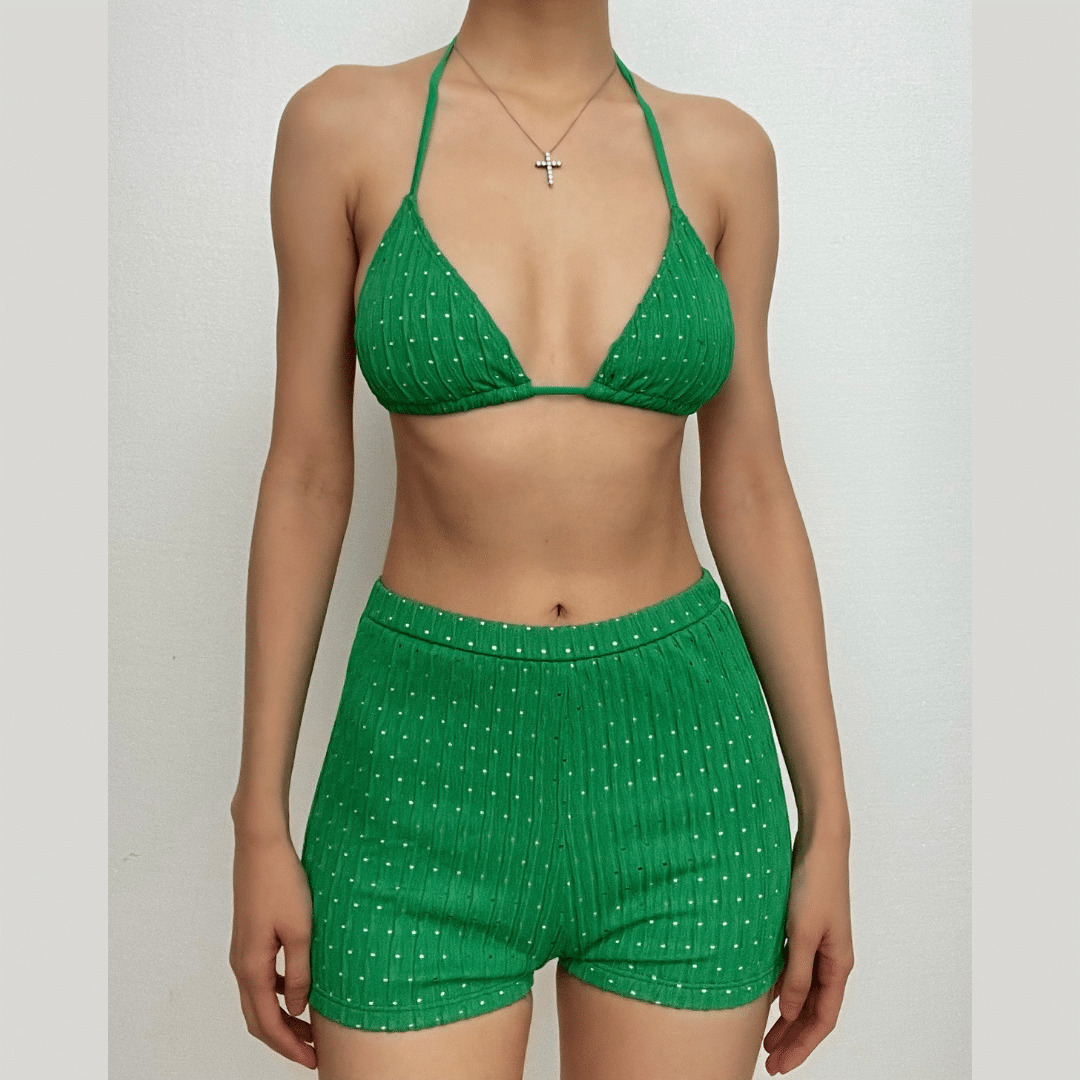 Textured Halter Backless Bikini Set - Y2K Aesthetic Swimwear for Coquette & Grunge Styles
