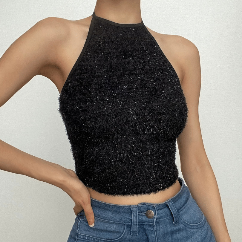 Textured Halter Backless Crop Top - Y2K Aesthetic, Cute Tops for Coquette & Grunge Styles