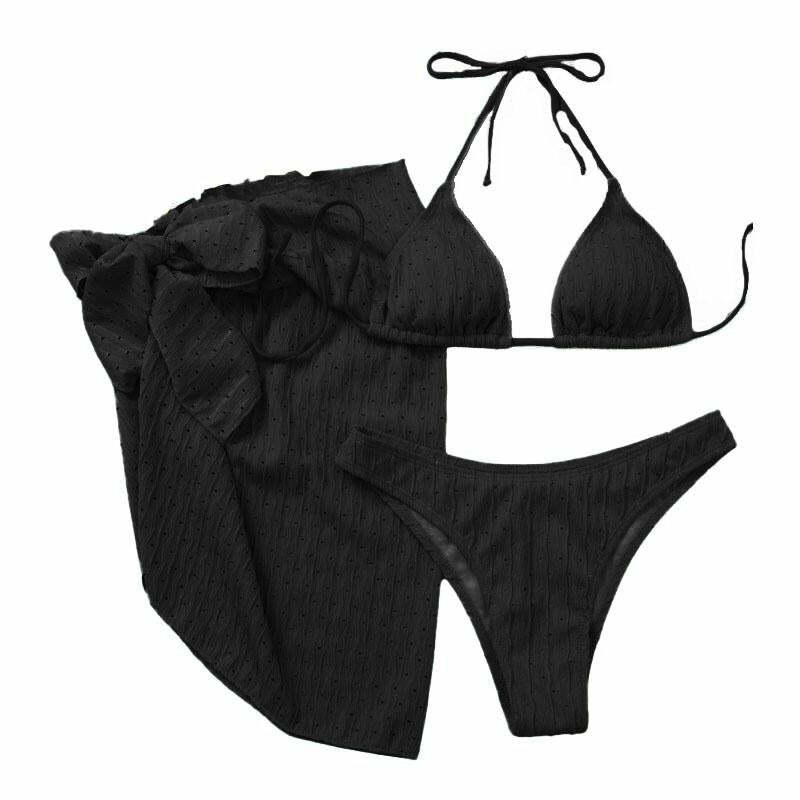 Textured Halter Self-Tie Padded 3-Piece Y2K Swimwear Set for Coquette & Grunge Aesthetics