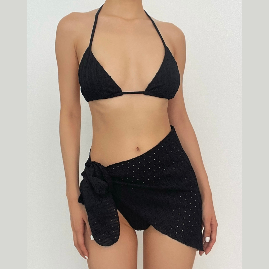 Textured Halter Self-Tie Padded 3-Piece Y2K Swimwear Set for Coquette & Grunge Aesthetics