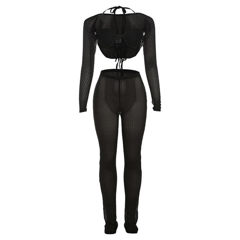 Textured Halter Shrug & See-Through Pant Set - Y2K Aesthetic, Grunge Style, Cute Outfits