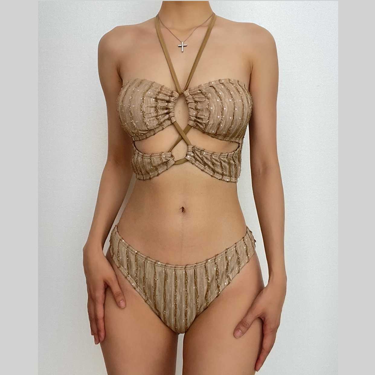 Textured Hollow Out Backless Halter Bikini - Y2K Aesthetic Swimwear for Trendy Summer Vibes