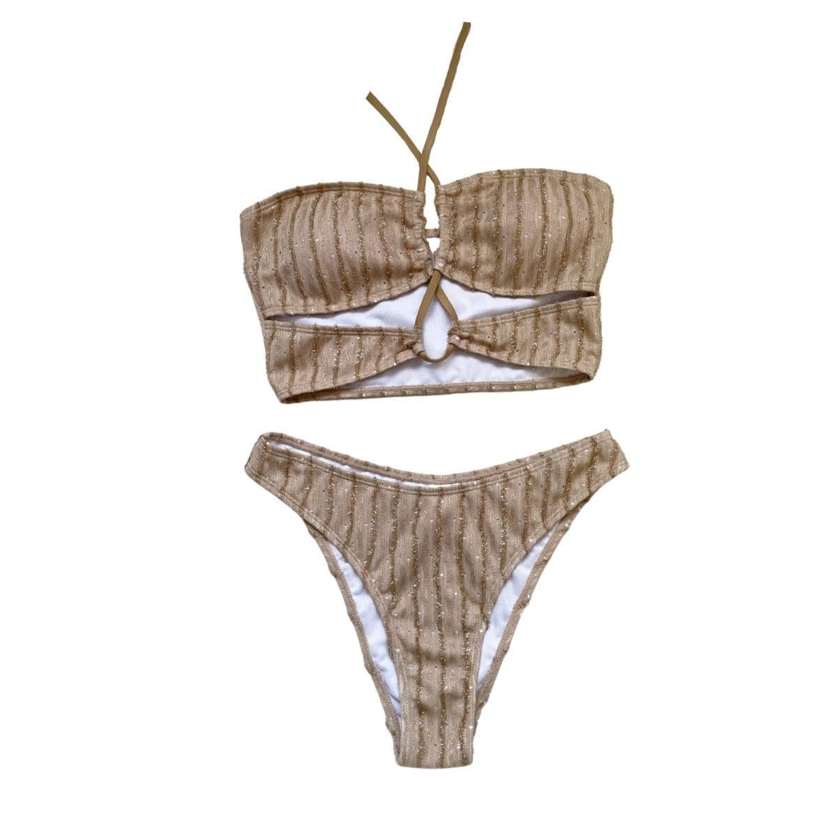Textured Hollow Out Backless Halter Bikini - Y2K Aesthetic Swimwear for Trendy Summer Vibes