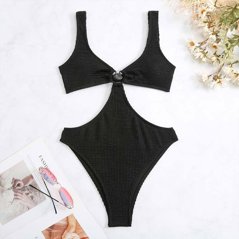 Textured Hollow Out O-Ring One-Piece Swimsuit - Y2K Aesthetic Swimwear for Trendy Looks