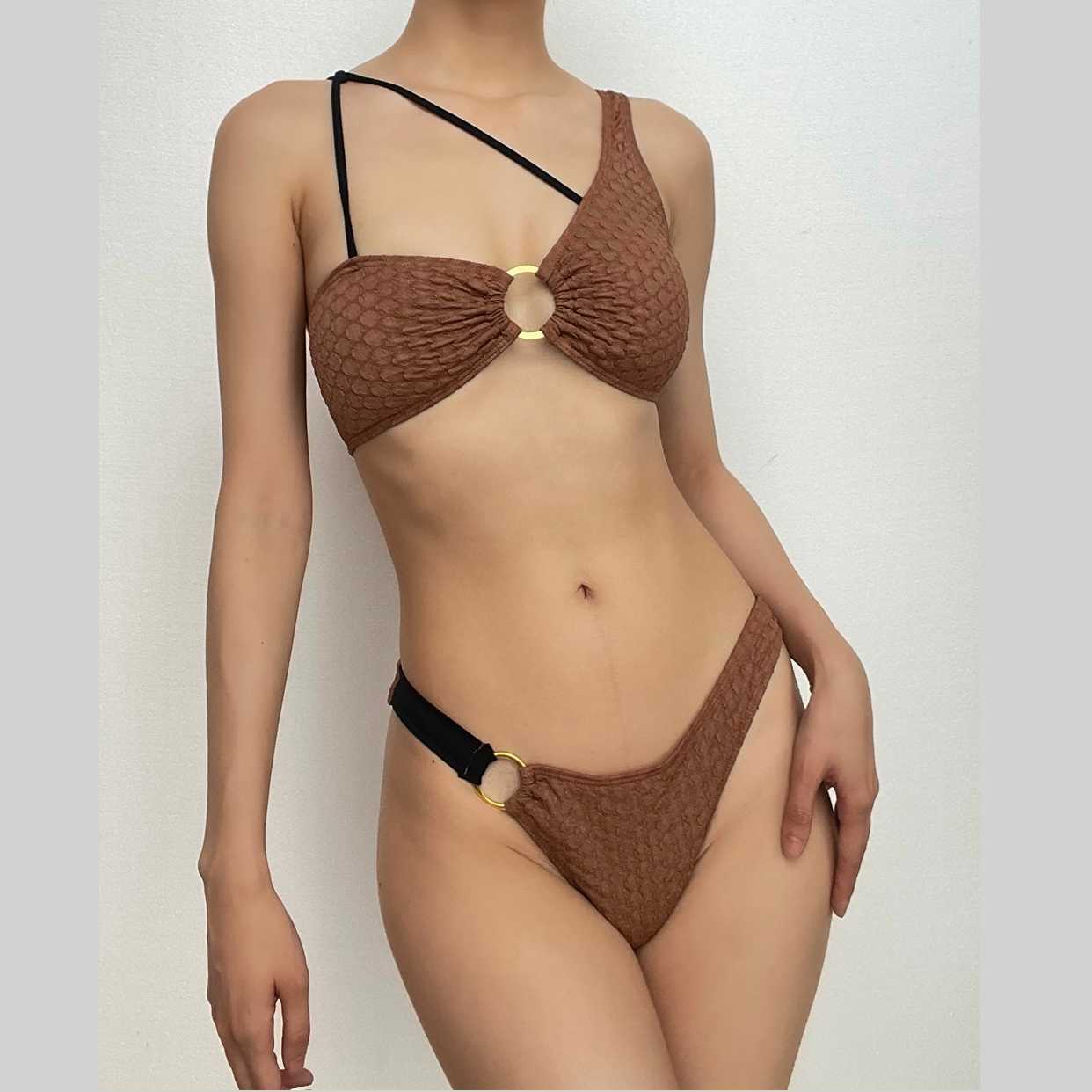 Textured Irregular O-Ring Bikini Swimwear - Y2K Aesthetic, Cute & Comfy Summer Style