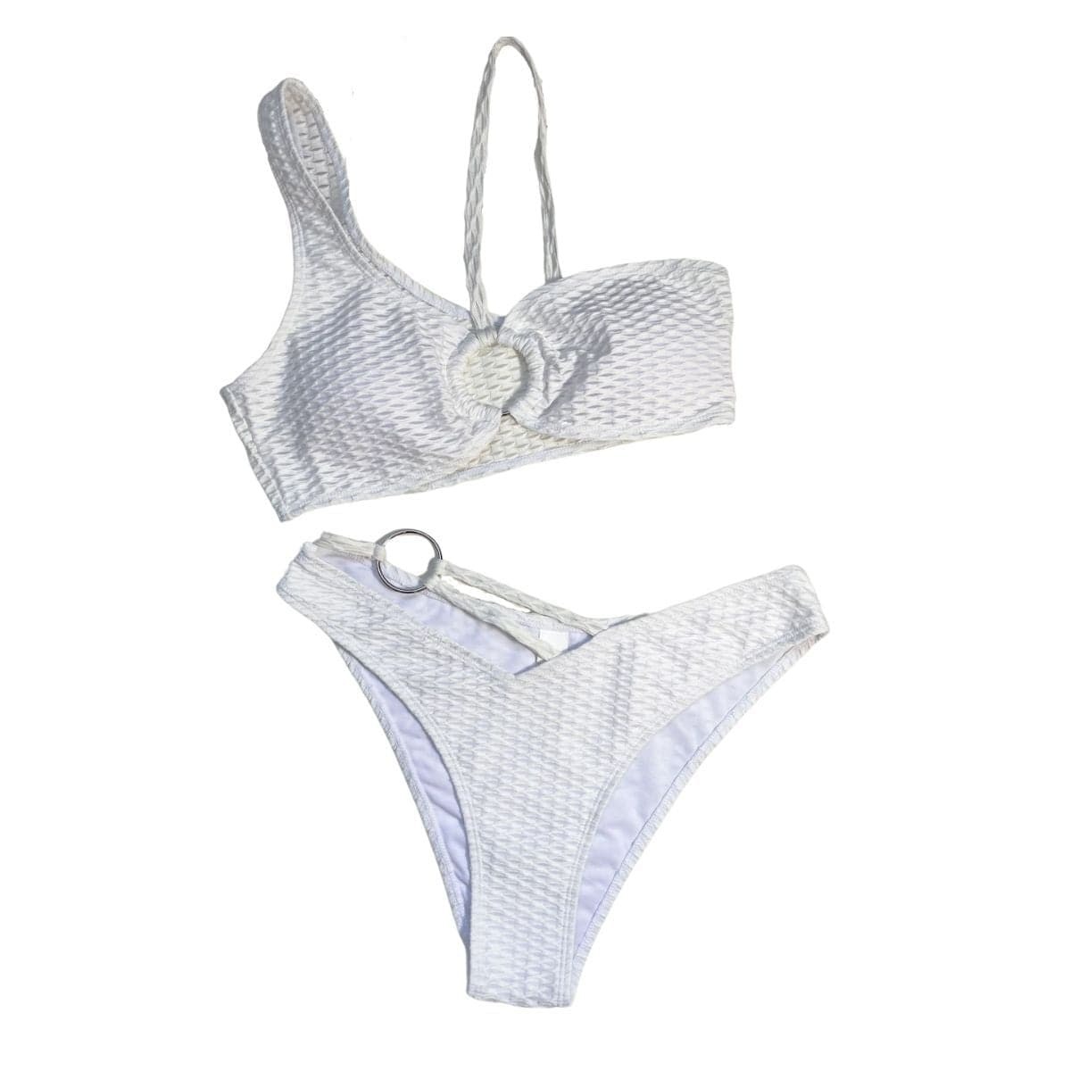 Textured Irregular Solid O-Ring Ruched Bikini Swimwear - Y2K Aesthetic Beachwear
