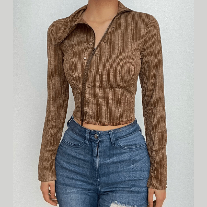 Textured Irregular Turnover Collar Zip-Up Long Sleeve Crop Top - Y2K Grunge Aesthetic Fashion