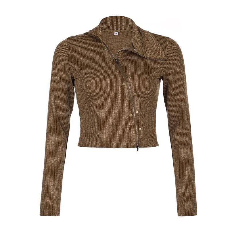 Textured Irregular Turnover Collar Zip-Up Long Sleeve Crop Top - Y2K Grunge Aesthetic Fashion