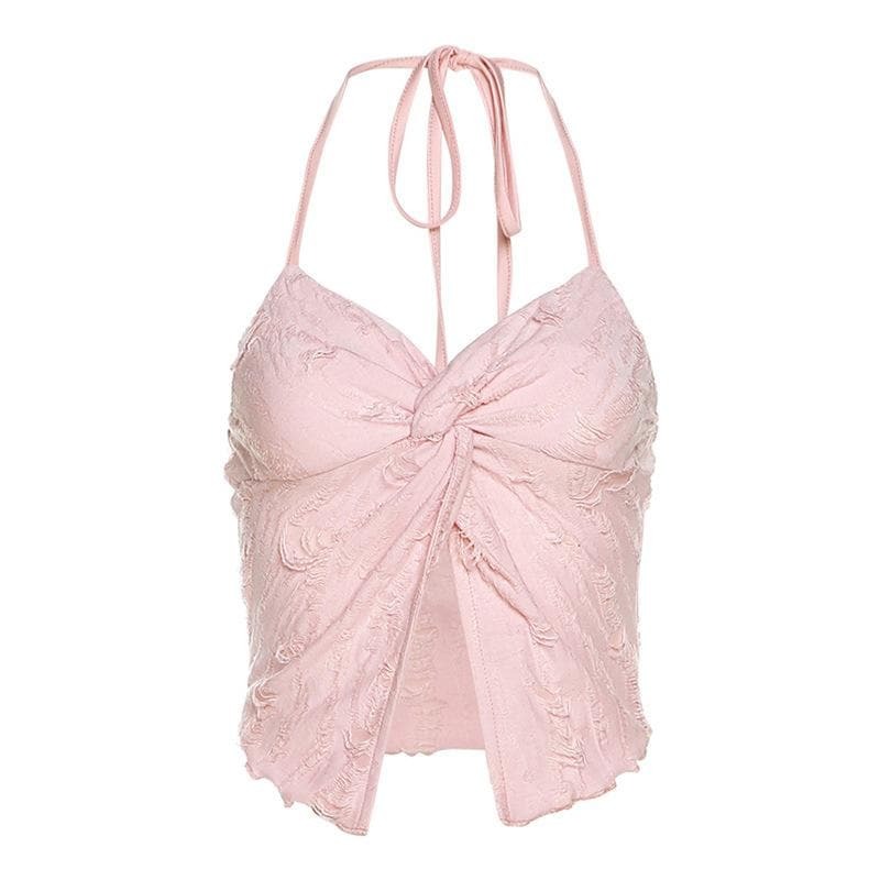 Textured Knotted Slit Crop Top - Y2K Fashion Halter V-Neck for Coquette & Grunge Aesthetics