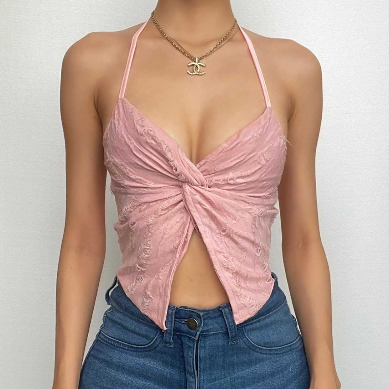 Textured Knotted Slit Crop Top - Y2K Fashion Halter V-Neck for Coquette & Grunge Aesthetics