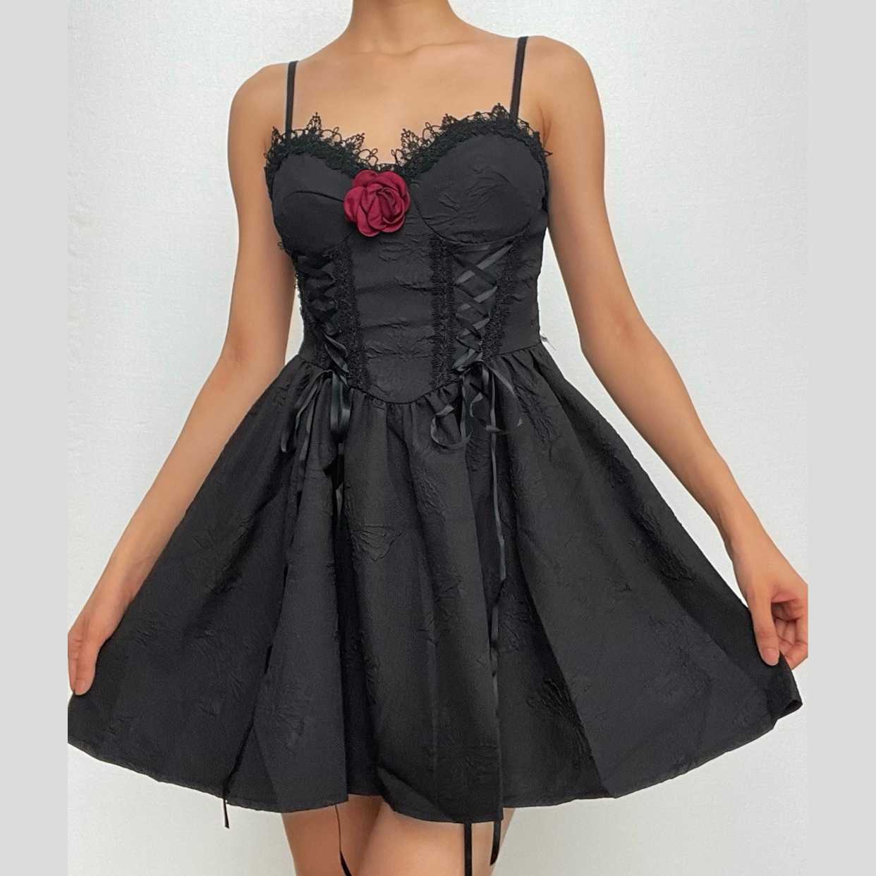 Textured Lace-Up Mini Dress with Lace Hem & Flower Applique - Y2K Coquette Aesthetic