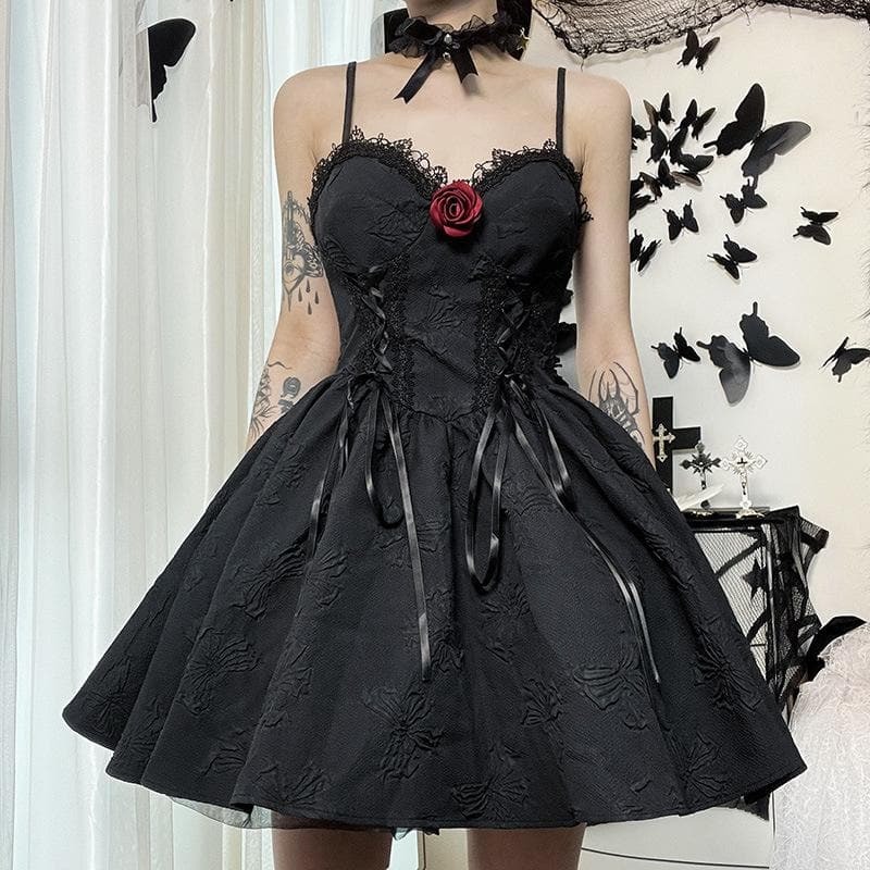 Textured Lace-Up Mini Dress with Lace Hem & Flower Applique - Y2K Coquette Aesthetic