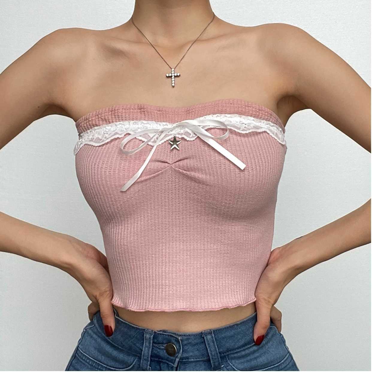 Textured Lace Hem Backless Ruffle Tube Crop Top - Y2K Aesthetic Cute Top for Grunge & Coquette Styles