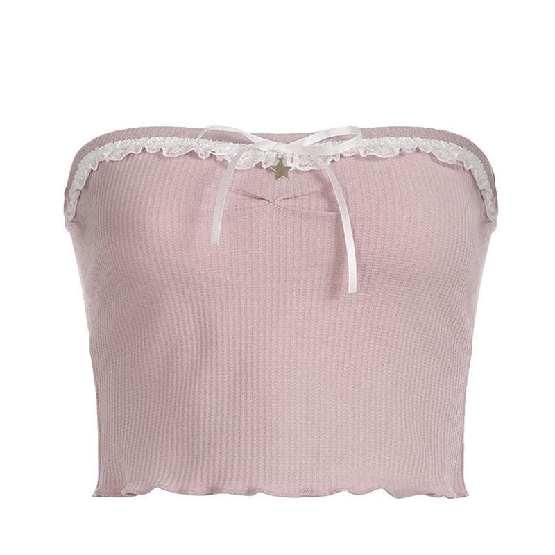 Textured Lace Hem Backless Ruffle Tube Crop Top - Y2K Aesthetic Cute Top for Grunge & Coquette Styles
