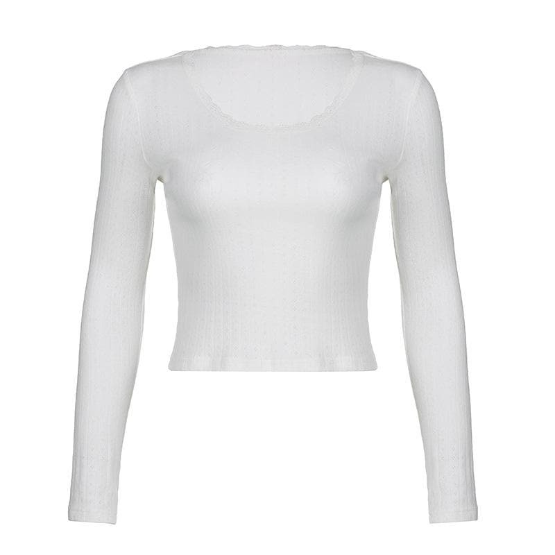 Textured Lace Hem Long Sleeve U-Neck Top - Y2K Aesthetic Cute Top for Grunge & Coquette Styles