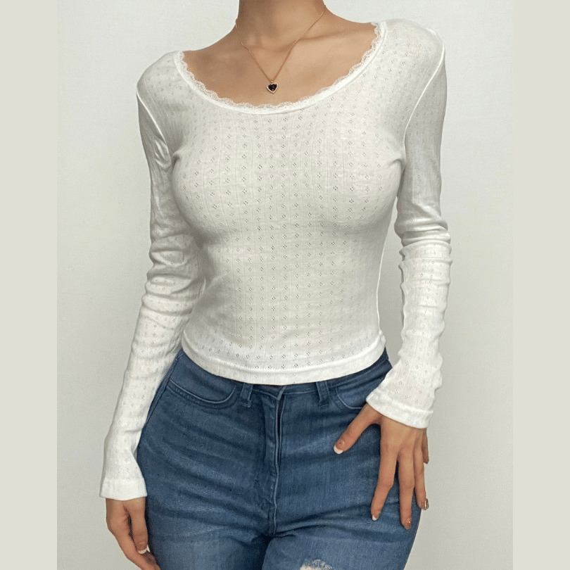 Textured Lace Hem Long Sleeve U-Neck Top - Y2K Aesthetic Cute Top for Grunge & Coquette Styles
