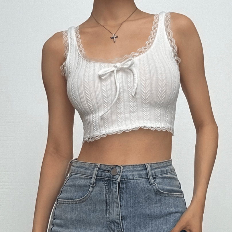 Textured Lace Hem U-Neck Sleeveless Crop Top - Y2K Aesthetic Cute Top for Grunge & Coquette Styles