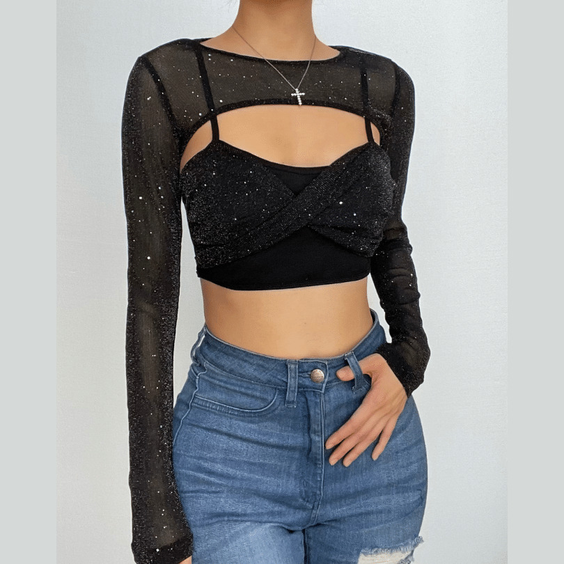 Textured Long Sleeve Crewneck Shrug & Crop Top Set - Y2K Fashion, Coquette Aesthetic, Cute Tops