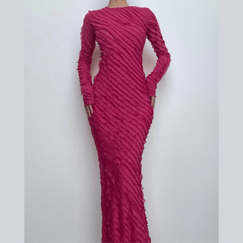 Textured Long Sleeve Ruffle Maxi Dress - Y2K Aesthetic, Coquette Style, Cute & Comfy Fashion