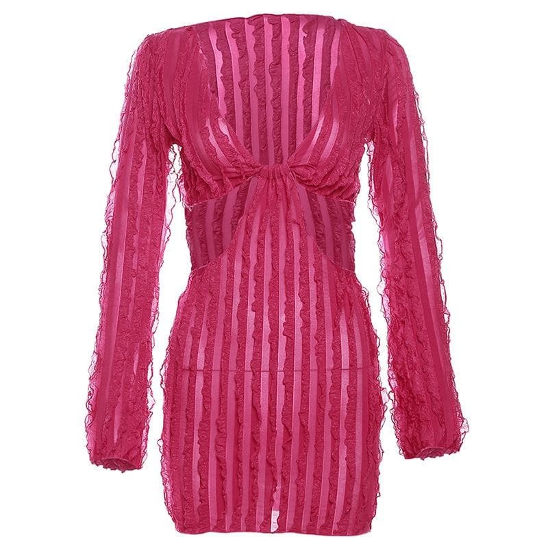 Textured Long Sleeve V-Neck Ruffle Cut-Out Mini Dress - Y2K & Coquette Aesthetic Style
