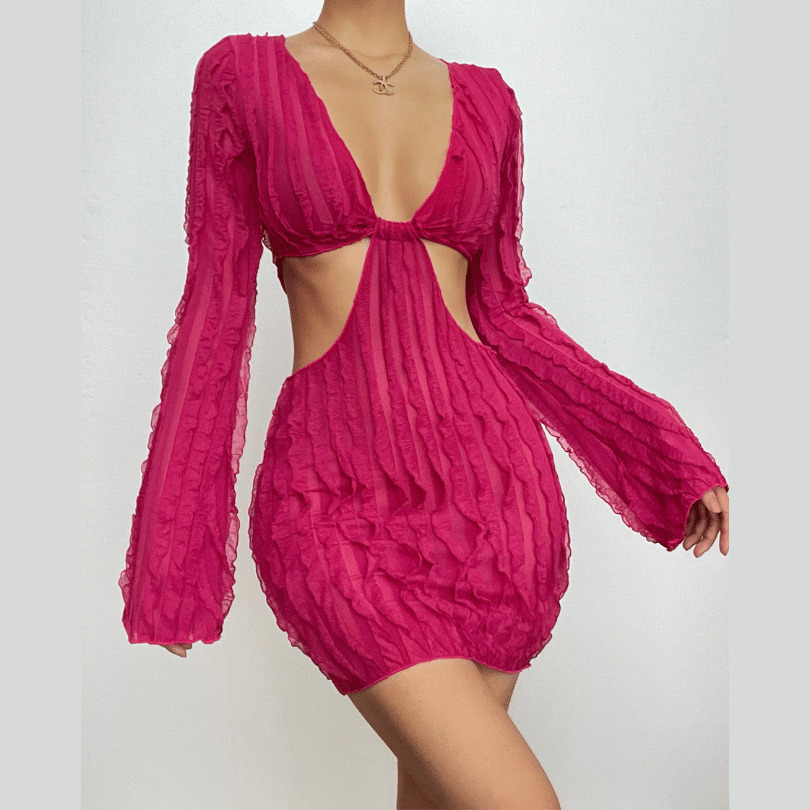 Textured Long Sleeve V-Neck Ruffle Cut-Out Mini Dress - Y2K & Coquette Aesthetic Style