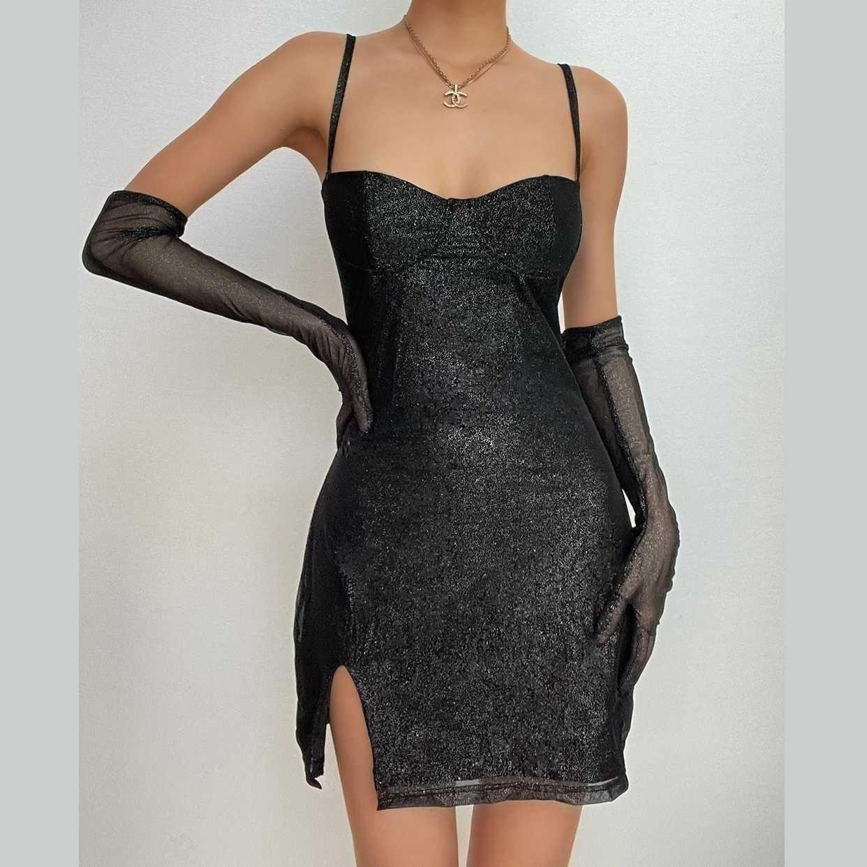 Textured Mesh Gloves Sweetheart Neck Zip-Up Slit Cami Mini Dress - Y2K Coquette Aesthetic