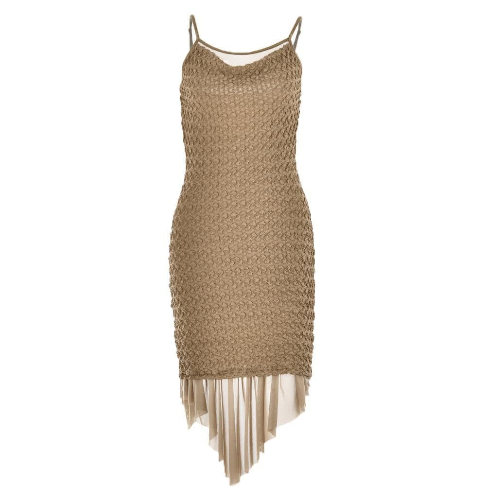 Textured Mesh Ruched Irregular Cami Midi Dress - Y2K Aesthetic, Coquette Style, Cute Outfit