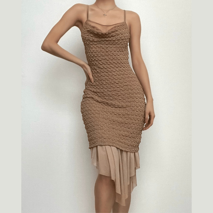Textured Mesh Ruched Irregular Cami Midi Dress - Y2K Aesthetic, Coquette Style, Cute Outfit