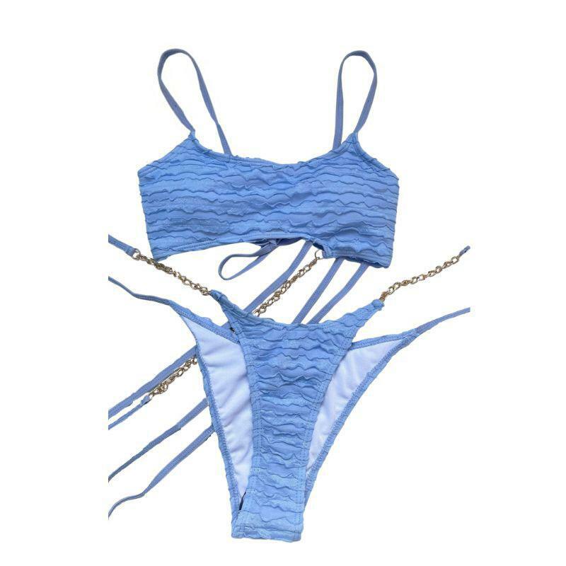 Textured Metal Chain Irregular Self-Tie Backless Bikini - Y2K Aesthetic Swimwear