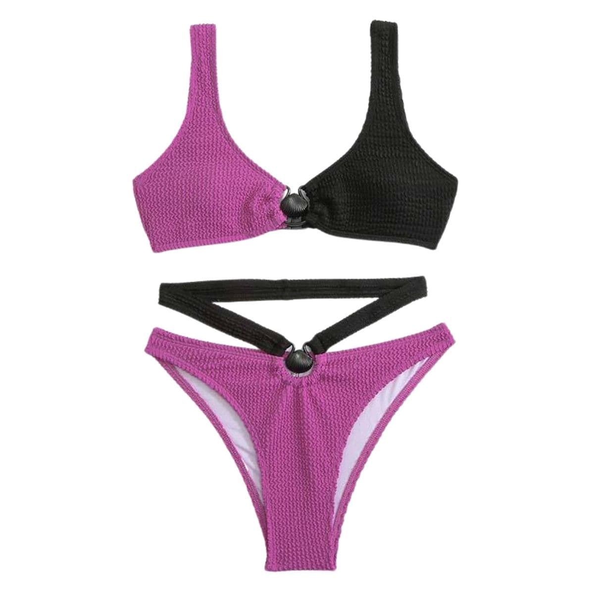 Textured O-Ring Contrast Padded One-Piece Swimsuit - Y2K Aesthetic Swimwear for Summer Fun