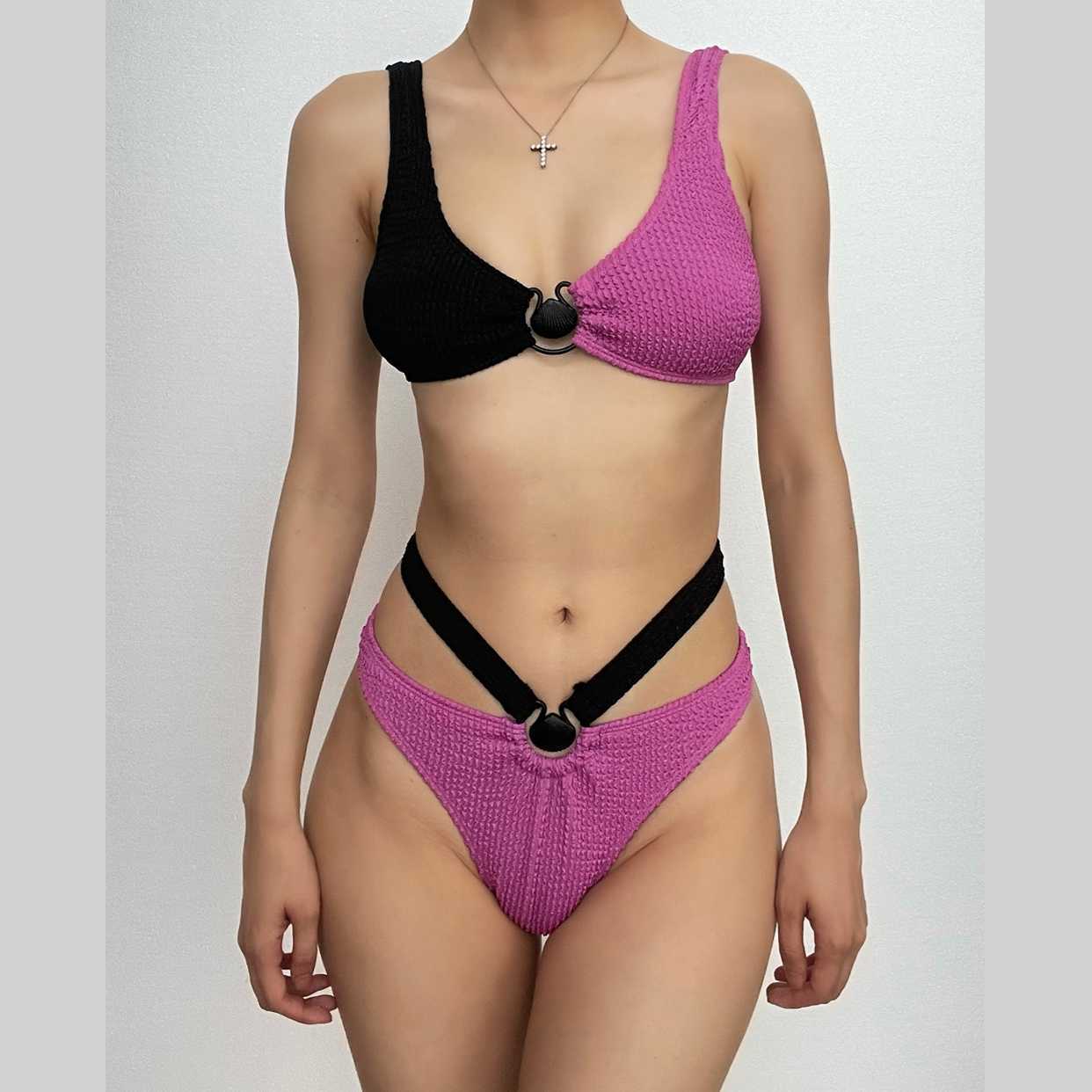 Textured O-Ring Contrast Padded One-Piece Swimsuit - Y2K Aesthetic Swimwear for Summer Fun