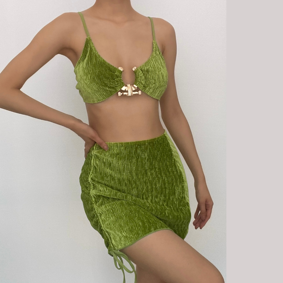 Textured O-Ring Drawstring Solid 3-Piece Y2K Swimwear Set for Coquette & Grunge Aesthetics