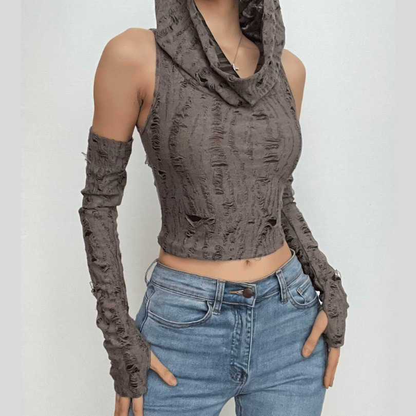 Textured Off-Shoulder Cowl Neck Crop Top Hoodie with Gloves - Y2K Grunge Aesthetic Style