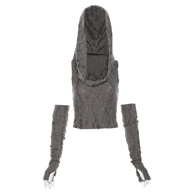 Textured Off-Shoulder Cowl Neck Crop Top Hoodie with Gloves - Y2K Grunge Aesthetic Style