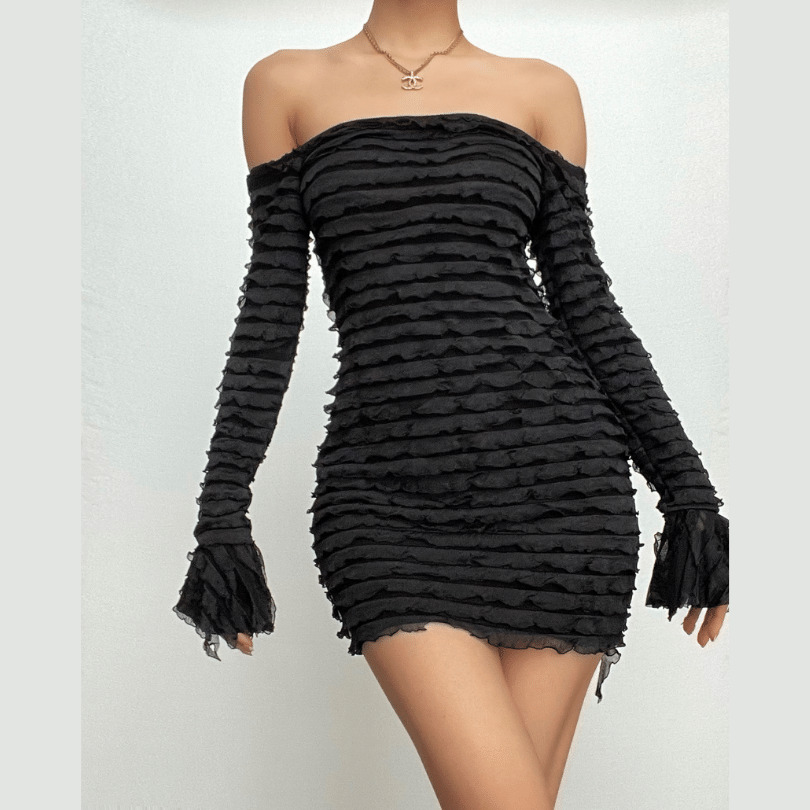 Textured Off-Shoulder Mini Dress with Flared Sleeves - Y2K Aesthetic & Coquette Style