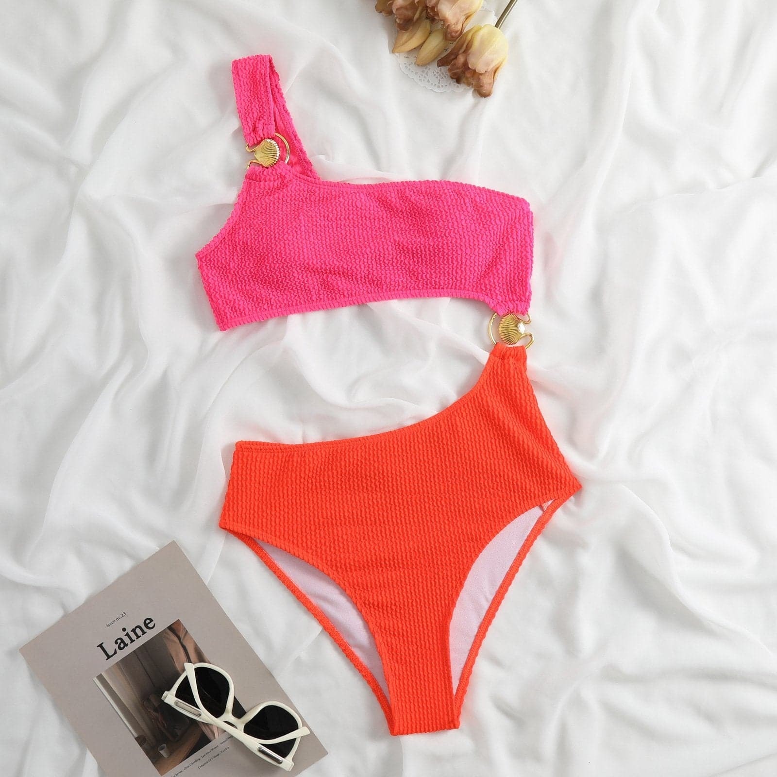 Textured One Shoulder O-Ring Hollow Out One Piece Swimsuit - Y2K & Coquette Aesthetic