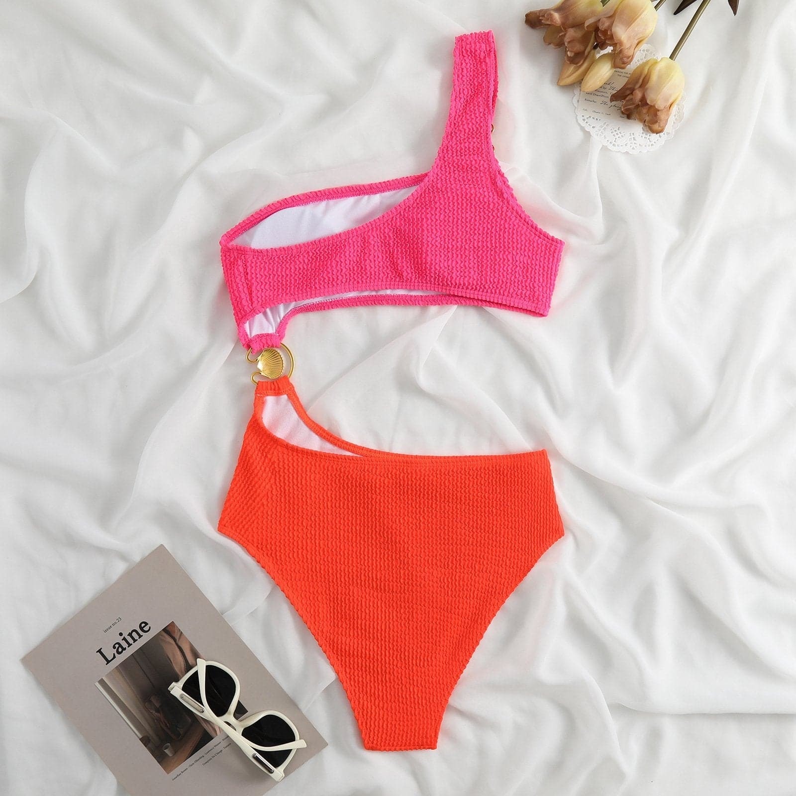 Textured One Shoulder O-Ring Hollow Out One Piece Swimsuit - Y2K & Coquette Aesthetic