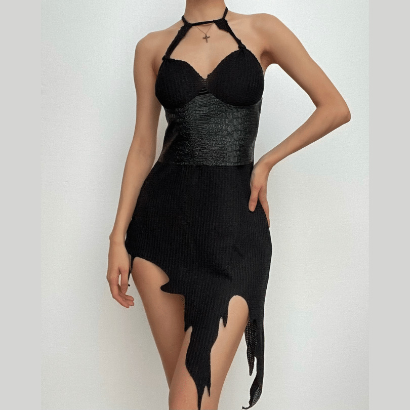 Textured Patchwork PU Leather Irregular Halter V-Neck Mini Dress - Y2K Grunge Aesthetic