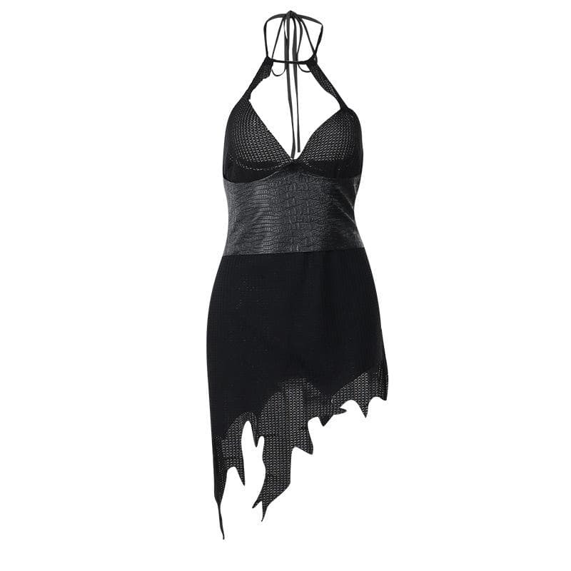 Textured Patchwork PU Leather Irregular Halter V-Neck Mini Dress - Y2K Grunge Aesthetic