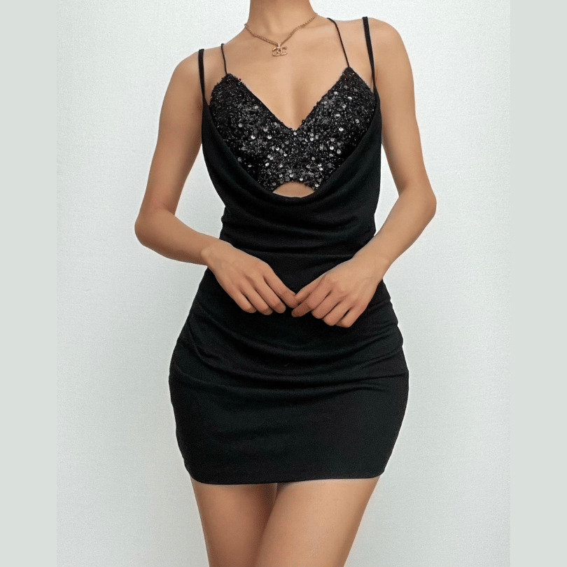Textured Ruched V-Neck Glitter Cross Back Mini Dress - Y2K Aesthetic Party Outfit