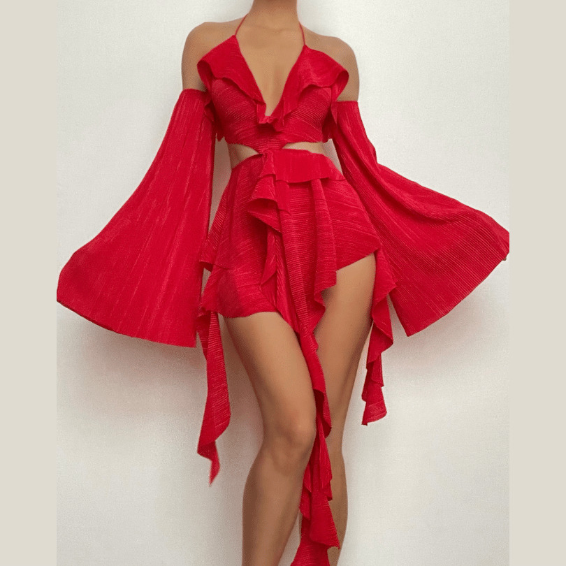 Textured Ruffle Cut-Out Mini Dress - Y2K Fashion with Backless Halter Design