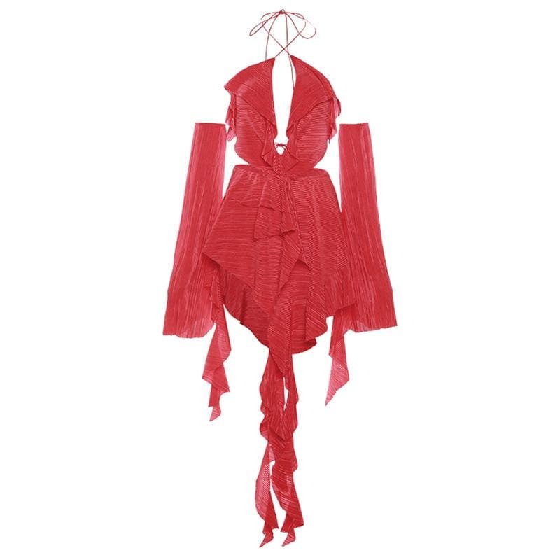 Textured Ruffle Cut-Out Mini Dress - Y2K Fashion with Backless Halter Design