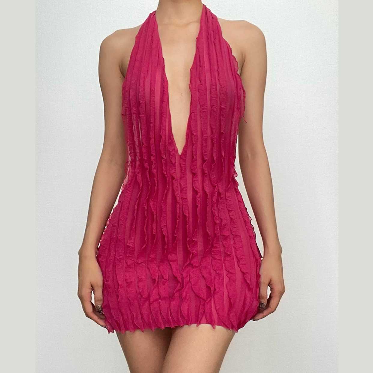Textured Ruffle Halter Mini Dress - Backless V-Neck for Y2K, Coquette & Grunge Aesthetics