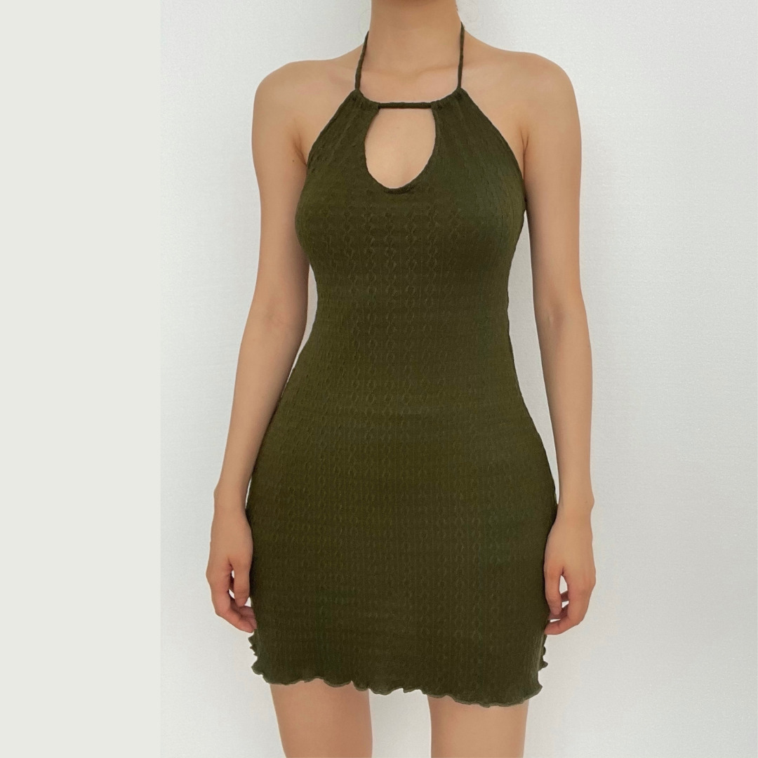 Textured Ruffle Halter Mini Dress with Cut-Outs - Y2K Coquette Aesthetic Fashion