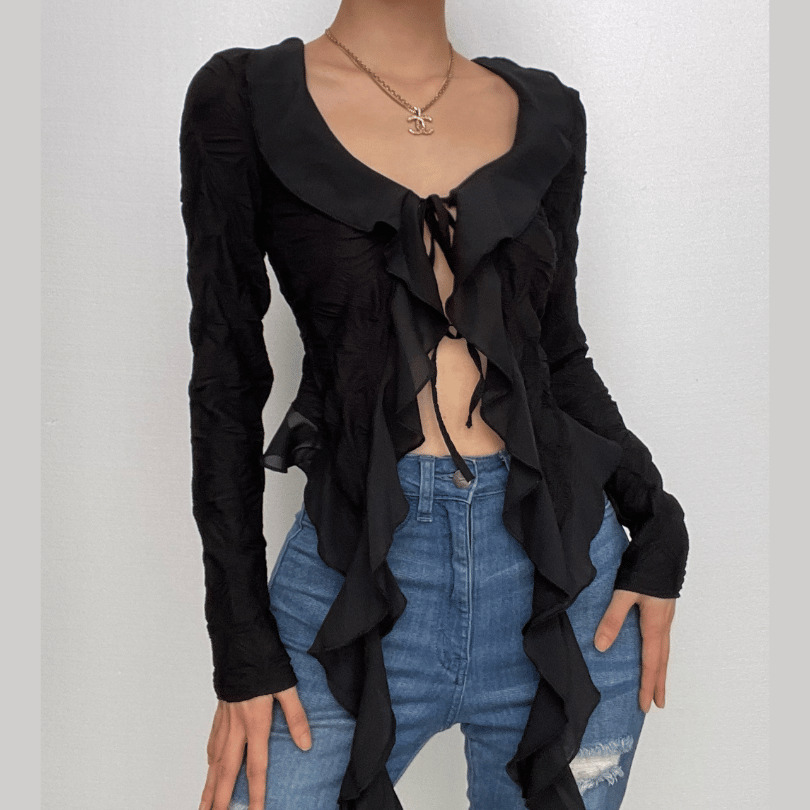 Textured Ruffle Long Sleeve Crop Top - Y2K Fashion, Coquette Aesthetic, Cute Tops